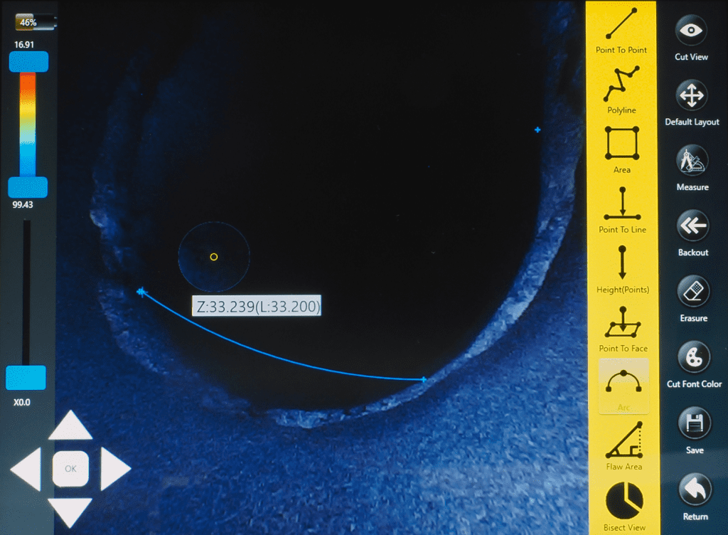 Ecran du vidéoscope PRO GX M avec la fonction de mesure stéréoscopique en fond.